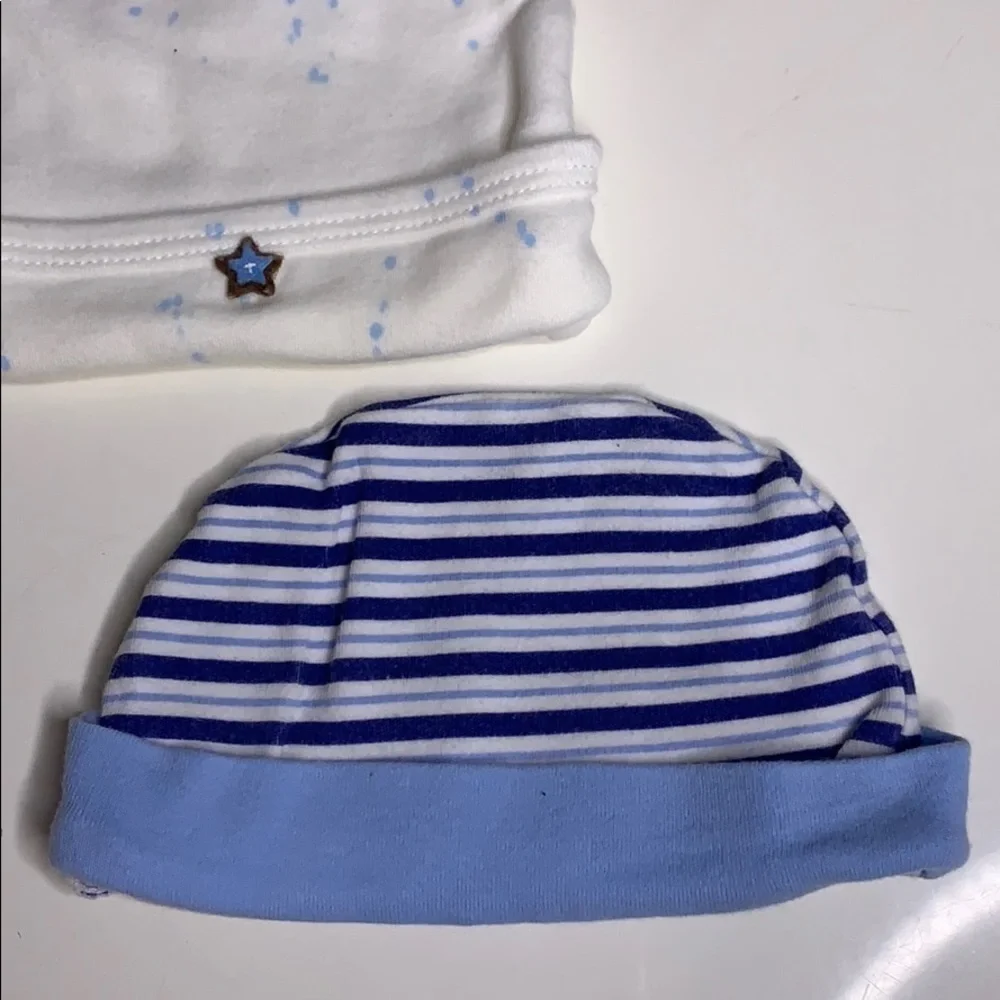 Two blue cotton stretch knit newborn hats beanie blue white